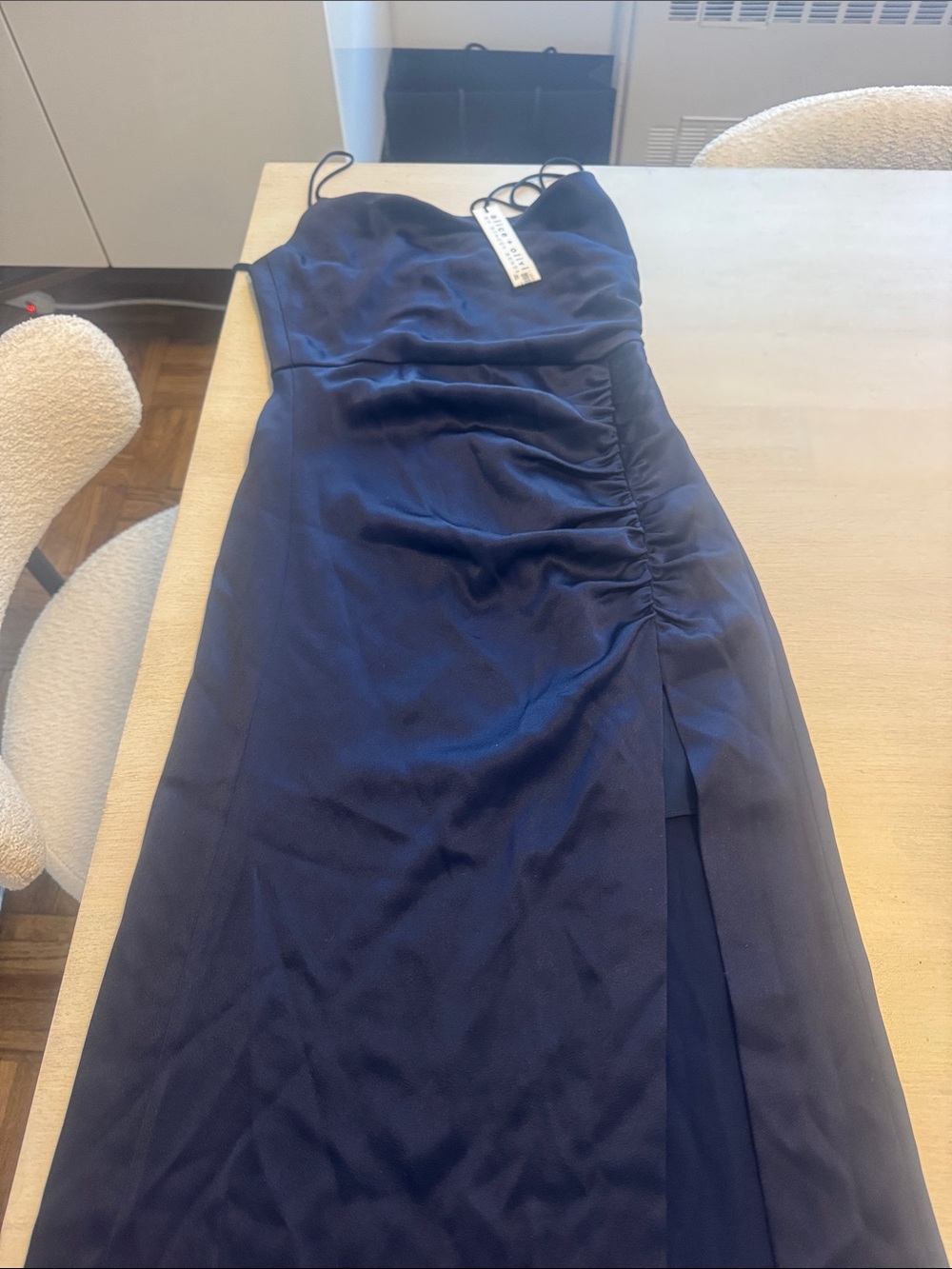 Alice + Olivia Navy Satin Strapless Ruched Slip Dress